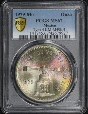 Obverse of this 1979-Mo Mexico Silver Onza Type 4 KM-M49b.4 PCGS MS-67 Rainbow Obverse Toning