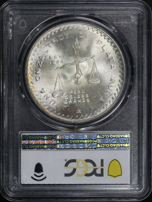 Reverse of this 1979-Mo Mexico Silver Onza Type 4 KM-M49b.4 PCGS MS-67 Rainbow Obverse Toning