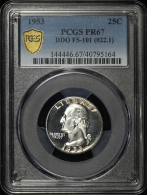 Obverse of this 1953 Washington Quarter Doubled Die Obverse FS-101 PCGS PR-67