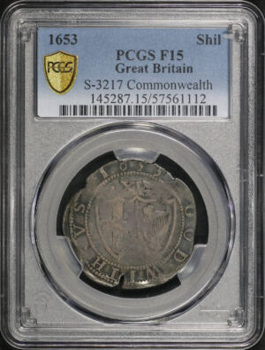 Obverse of this 1653 Great Britain Shilling S-3217 Commonwealth PCGS F-15