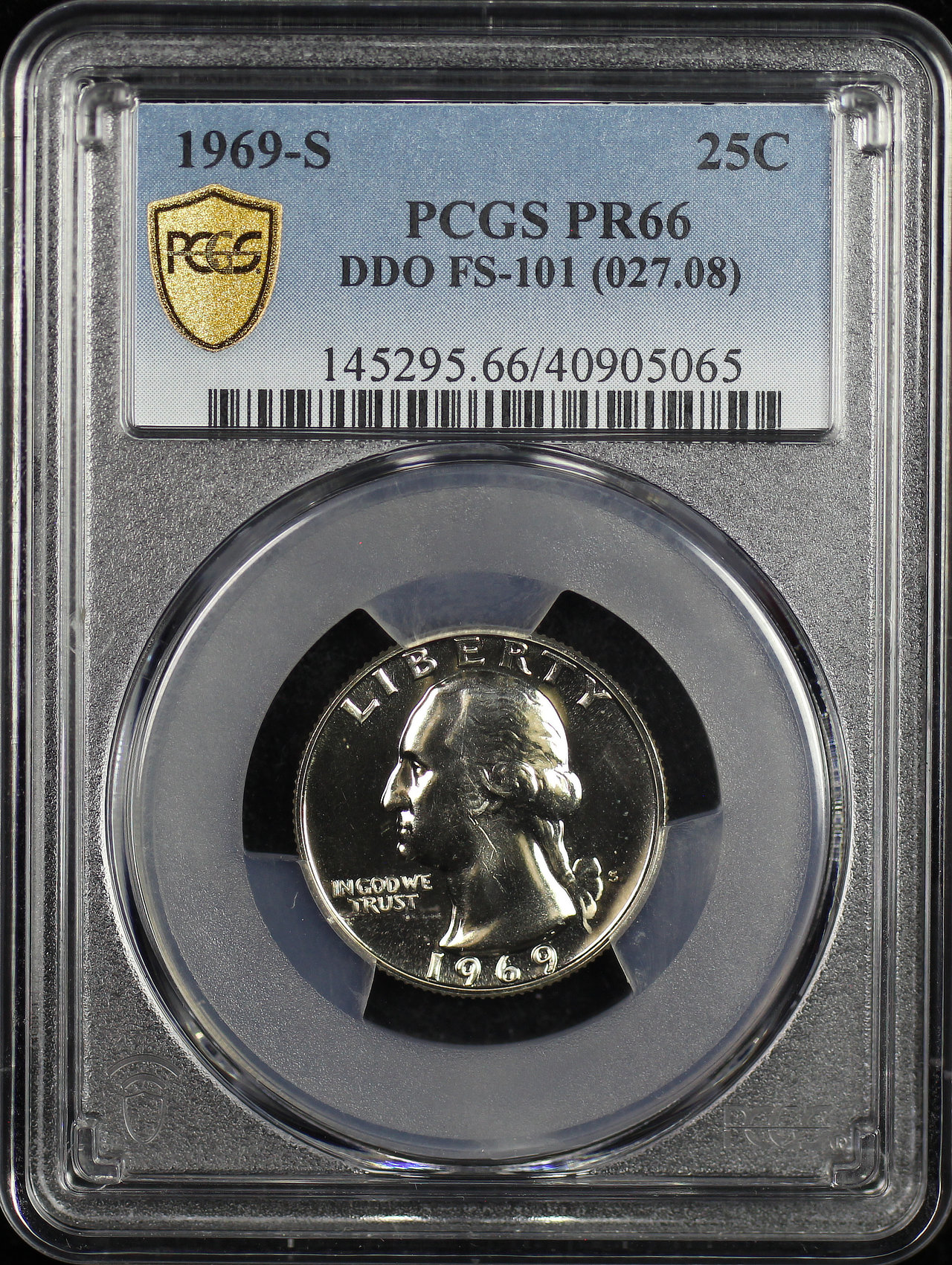 Obverse of this 1969-S Washington Quarter Doubled Die Obverse FS-101 PCGS PR-66