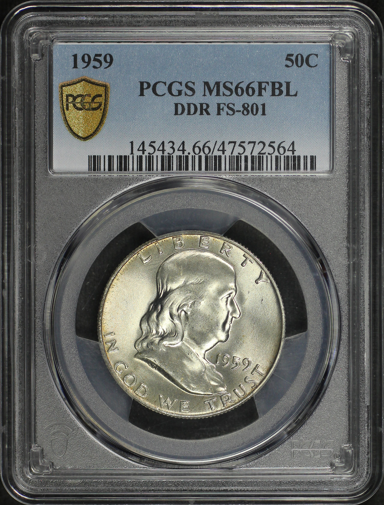 Obverse of this 1959 Franklin Half Dollar Double Die Reverse FS-801 PCGS MS-66 FBL