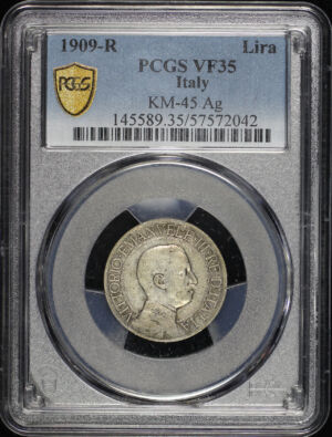 Obverse of this 1909-R Italy KM-45 Ag Lira PCGS VF-35