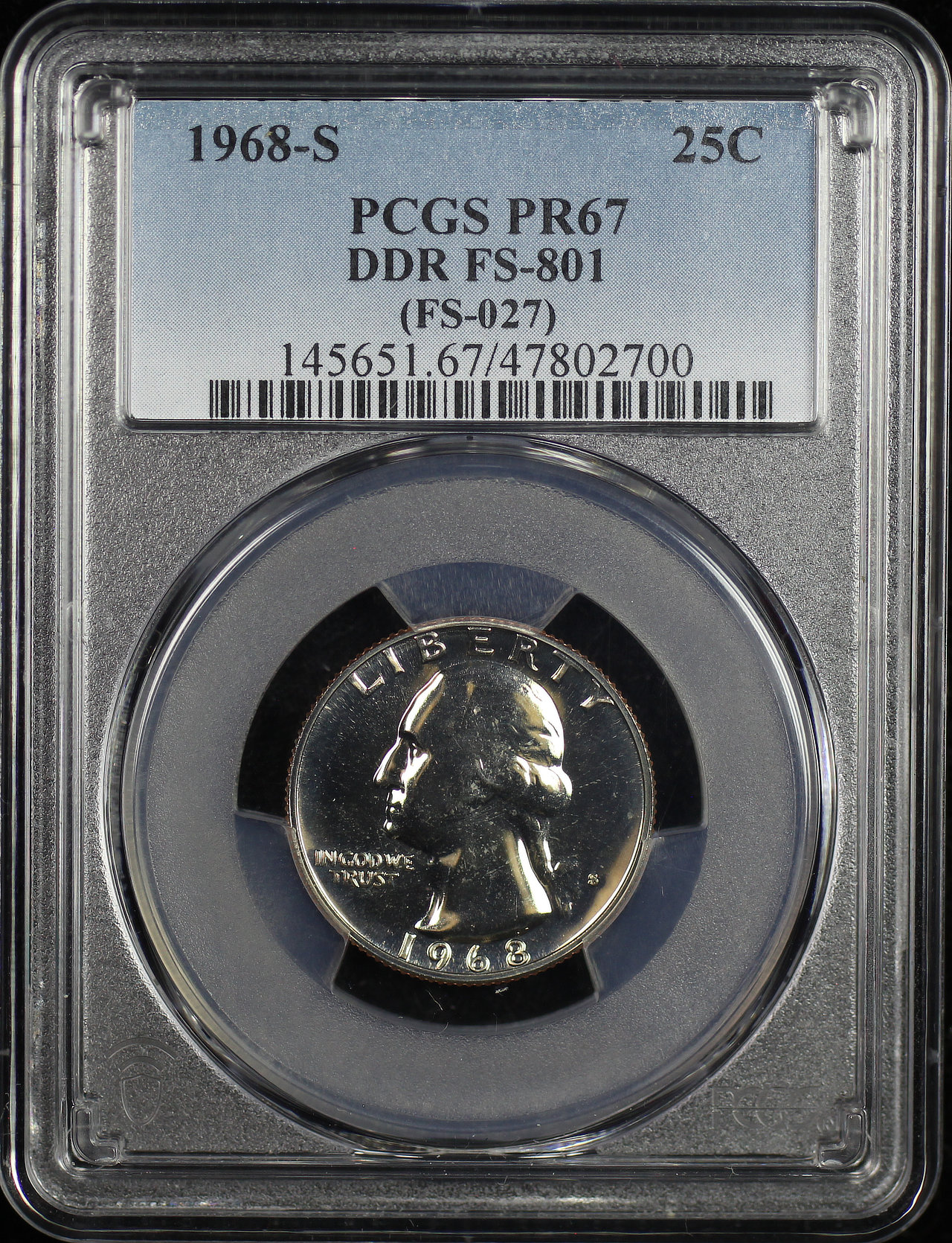Obverse of this 1968-S Washington Quarter Doubled Die Reverse FS-801 PCGS PR-67