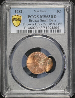 Obverse of this 1982 Lincoln Cent Modern Bronze Small Date PCGS MS-63 RD Mint Error Flipover D/S 2nd 85% O/C