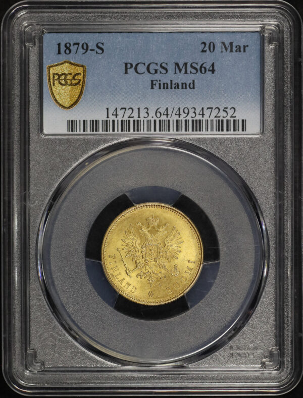 Obverse of this 1879-S Finland Gold 20 Markkaa KM #9.2 PCGS MS-64