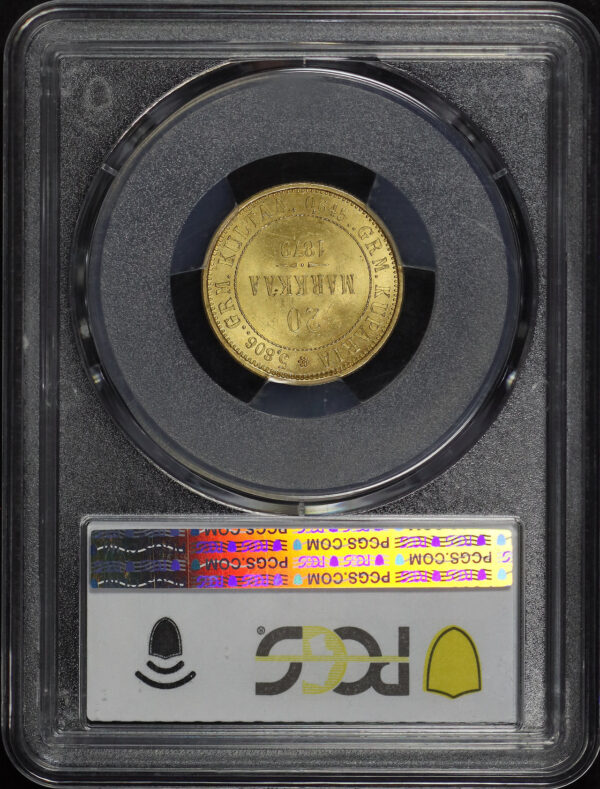 Reverse of this 1879-S Finland Gold 20 Markkaa KM #9.2 PCGS MS-64