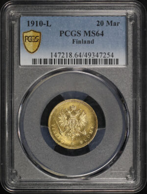 Obverse of this 1910-L Finland Gold 20 Markkaa KM #9.2 PCGS MS-64