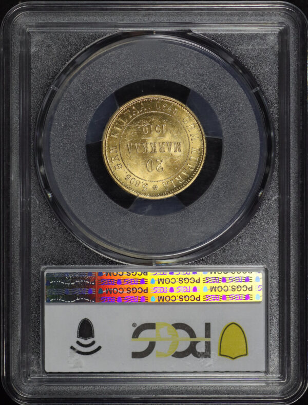 Reverse of this 1910-L Finland Gold 20 Markkaa KM #9.2 PCGS MS-64