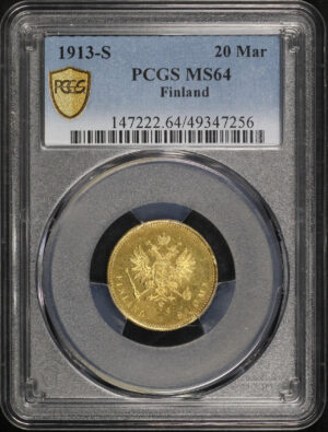 Obverse of this 1913-S Finland Gold 20 Markkaa KM #9.2 PCGS MS-64