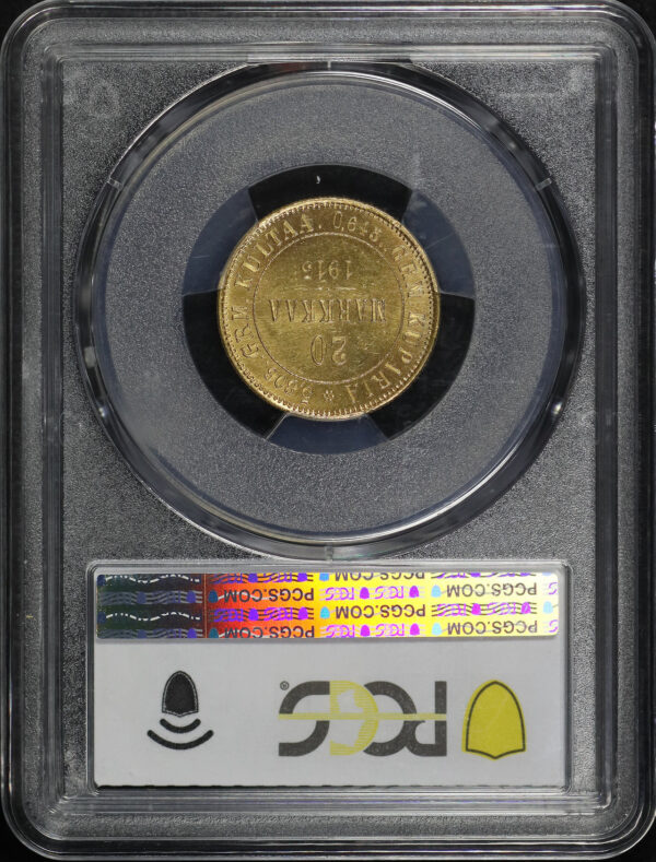 Reverse of this 1913-S Finland Gold 20 Markkaa KM #9.2 PCGS MS-64