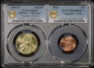 Obverse of this 2000 Sacagawea Dollar & 1C “Cheerios” Two Coin Set Prototype Reverse FS-902 PCGS MS-67 & MS-66RD