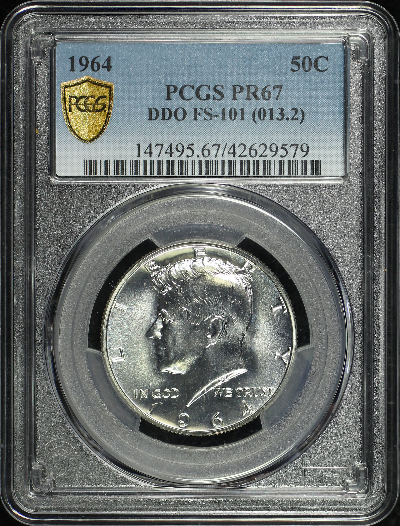 Obverse of this 1964 Kennedy Half Dollar DDO FS-101 PCGS PR-67
