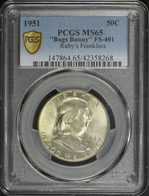 Obverse of this 1951 Franklin Half Dollar “Bugs Bunny” FS-401 PCGS MS-65 Ruby’s Franklins