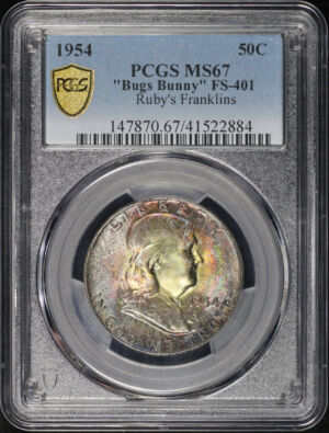 Obverse of this 1954 Franklin Half Dollar “Bugs Bunny” FS-401 PCGS MS-67 Ruby’s Franklins – Vivid Toning