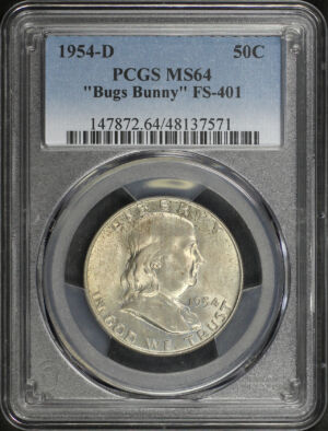 Obverse of this 1954-D Franklin Half Dollar “Bugs Bunny” FS-401 PCGS MS-64