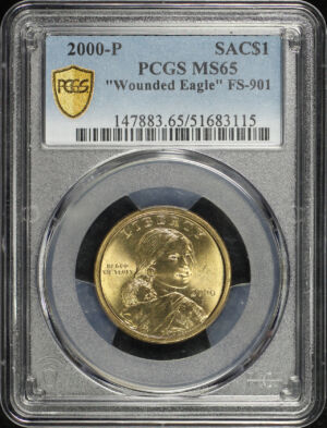 Obverse of this 2000 Sacagawea Dollar Wounded Eagle PCGS MS-65 “Wounded Eagle” FS-901