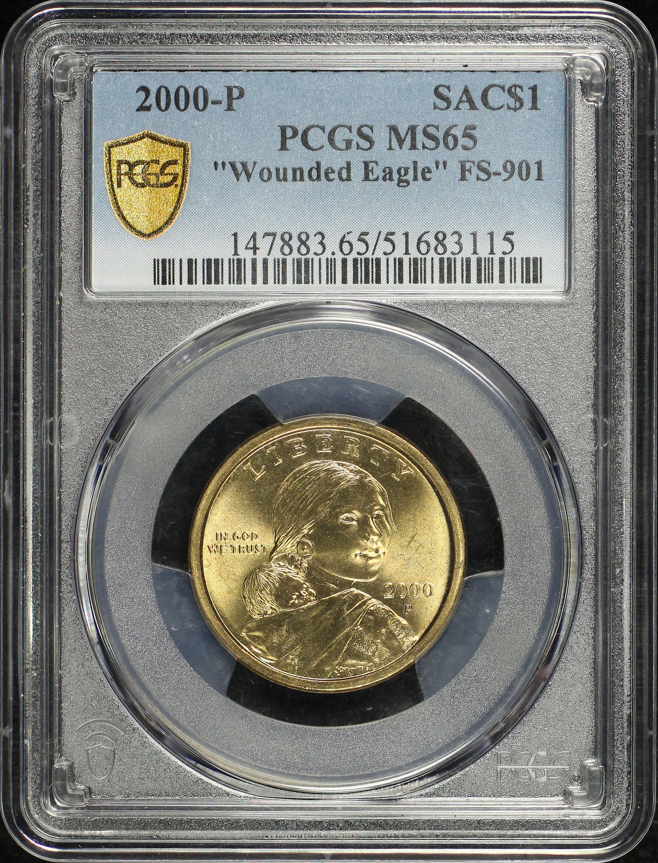 Obverse of this 2000 Sacagawea Dollar Wounded Eagle PCGS MS-65 “Wounded Eagle” FS-901