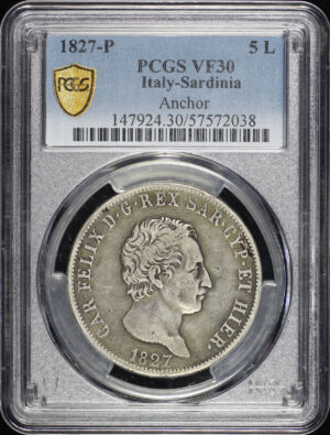 Obverse of this 1827-P Italy-Sardinia Anchor 5L PCGS VF-30
