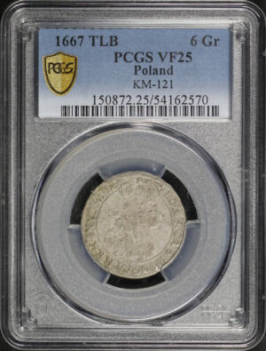 Obverse of this 1667 TLB Poland KM-121 6 Gr PCGS VF-25