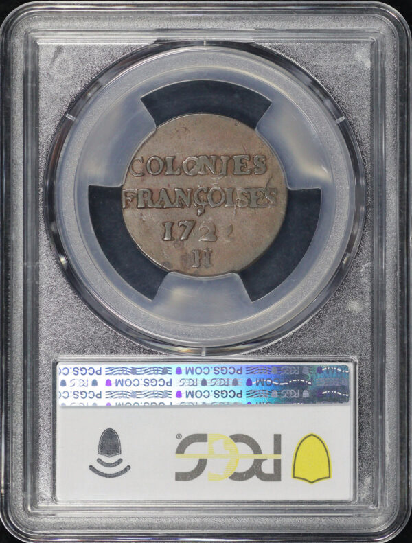 Reverse of this 1722-H French Colonies 9 Deniers PCGS VF-35