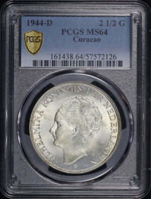 Obverse of this 1944-D Curacao Silver 2 1/2 Gulden KM-46 PCGS MS-64