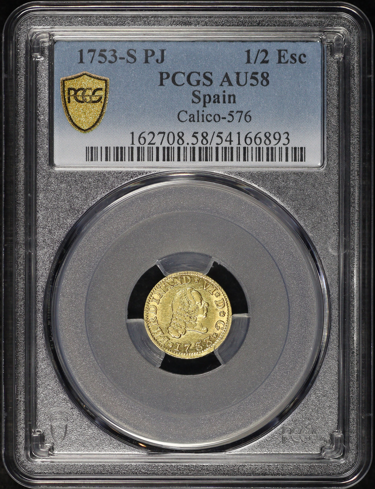 Obverse of this 1753-S PJ Spain Gold 1/2 Escudo Calico-576 KM#374 PCGS AU-58