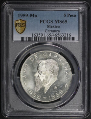 Obverse of this 1959-Mo Mexico Silver 5 Peso Carranza PCGS MS-65