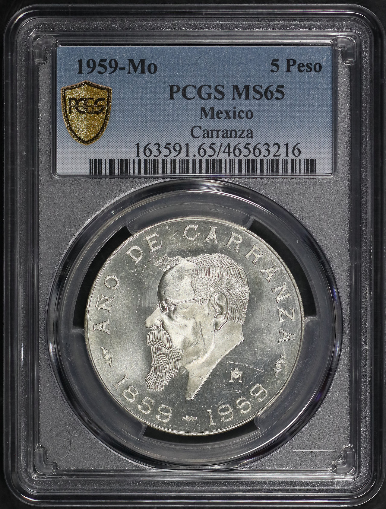 Obverse of this 1959-Mo Mexico Silver 5 Peso Carranza PCGS MS-65