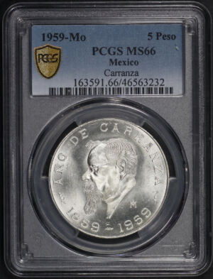 Obverse of this 1959-Mo Mexico Silver 5 Peso Carranza PCGS MS-66