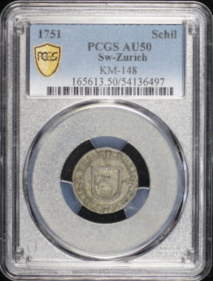 Obverse of this 1751 Zurich, Switzerland KM-148 Shilling PCGS AU-50