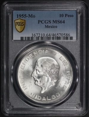 Obverse of this 1955-Mo Mexico Silver 10 Peso PCGS MS-64