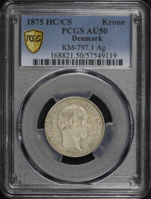 Obverse of this 1875 HC/CS Denmark Krone KM-797.1 Ag PCGS AU-50