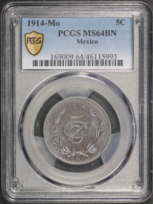 Obverse of this 1914-Mo Mexico 5 Centavos PCGS MS-64 BN
