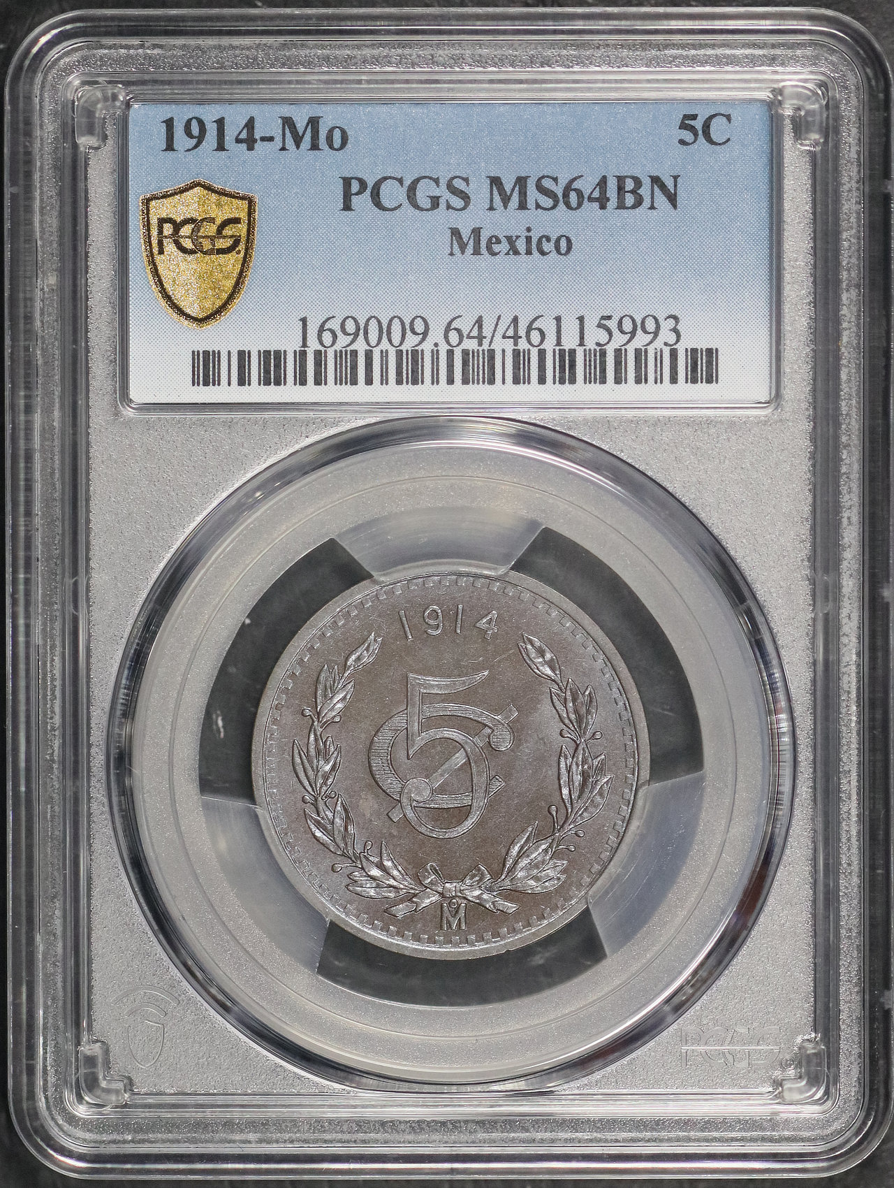 Obverse of this 1914-Mo Mexico 5 Centavos PCGS MS-64 BN