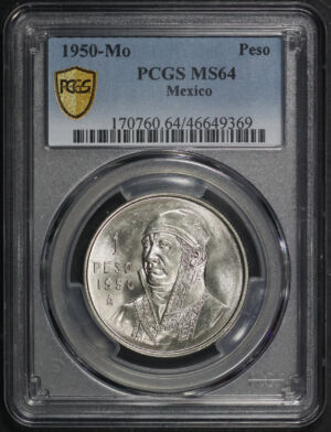 Obverse of this 1950-Mo Mexico Silver Peso PCGS MS-64