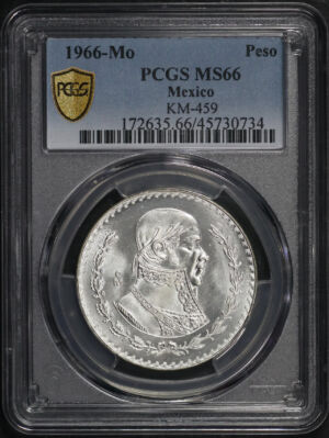 Obverse of this 1966-Mo Mexico Silver Peso KM-459 PCGS MS-66