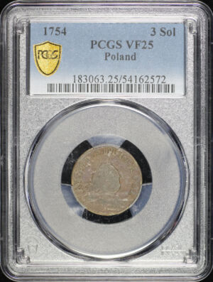 Obverse of this 1754 Poland Copper 3 Solidi (1 Grosz) KM-147.1 PCGS VF-25