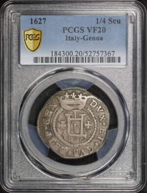 Obverse of this 1627  1/4 Scu Italy Genoa PCGS VF-20