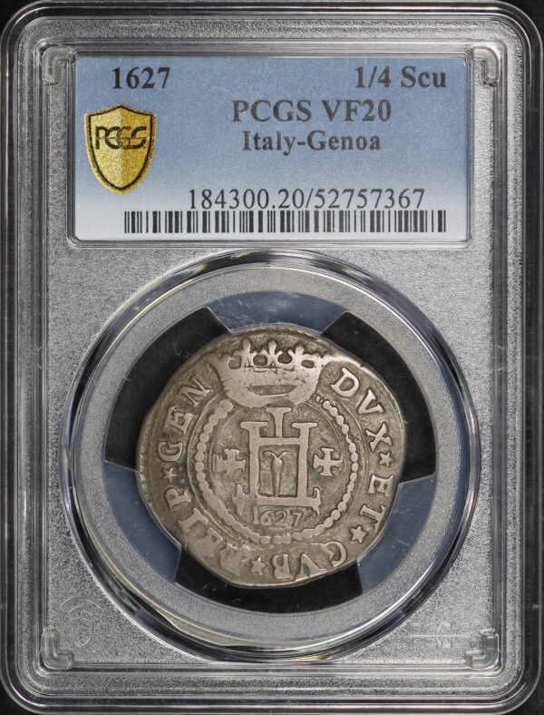 Obverse of this 1627  1/4 Scu Italy Genoa PCGS VF-20
