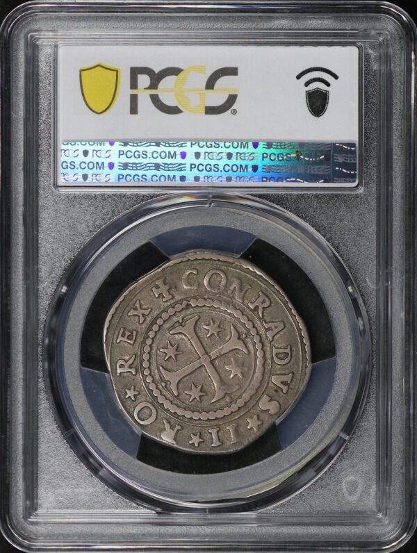 Reverse of this 1627  1/4 Scu Italy Genoa PCGS VF-20