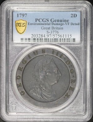 Obverse of this 1797 Great Britain Copper 2 Pence S-3776 PCGS VF Details Environmental Damage