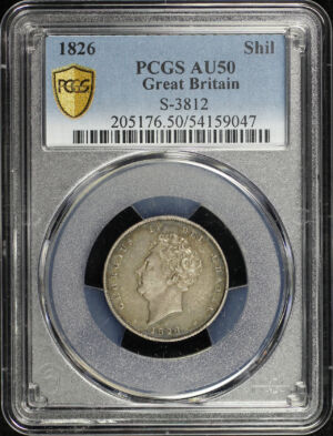 Obverse of this 1826 Great Britain Silver 1 Shilling KM-694 S-3812 PCGS AU-50