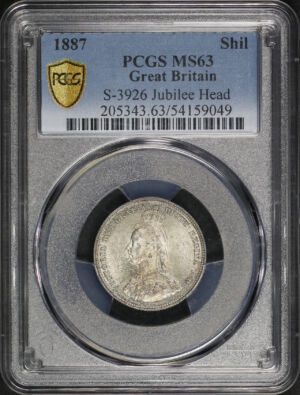 Obverse of this 1887 Great Britain S-3926 Jubilee Head Shilling PCGS MS-63