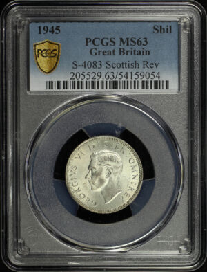 Obverse of this 1945 Great Britain Silver 1 Shilling KM-854 S-4083 Scottish Reverse PCGS MS-63