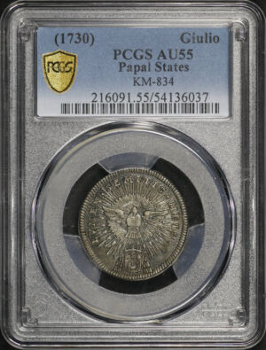 Obverse of this 1730 Italian Silver Giulio Papal States KM-834 PCGS AU-55