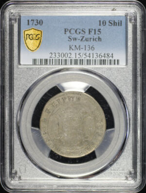 Obverse of this 1730 Zurich, Switzerland KM-136 10 Shilling KM-136 PCGS F-15
