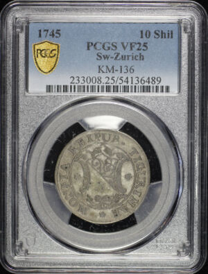 Obverse of this 1745 Zurich, Switzerland KM-136 10 Shilling KM-136 PCGS VF-25