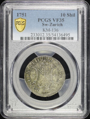 Obverse of this 1751 Zurich, Switzerland KM-136 10 Shilling KM-136 PCGS VF-35
