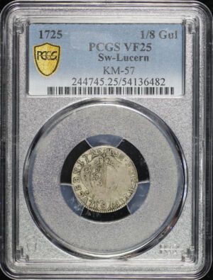 Obverse of this 1725 Lucern, Switzerland KM-57 1/8Gul PCGS VF-25